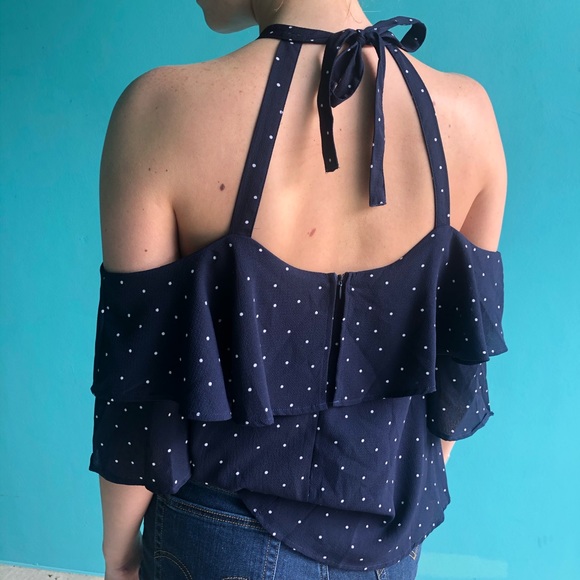 She + Sky polka dot cold shoulder navy blue top. - Picture 4 of 7